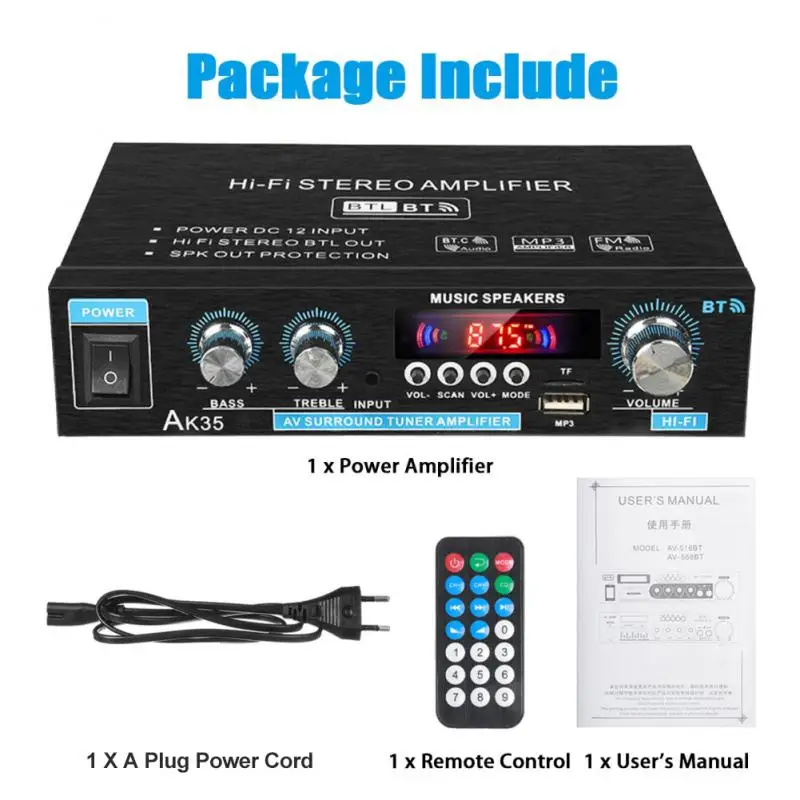 HiFi cyfrowe wzmacniacze Bluetooth AK35 kanał MP3 2.0 wzmacniacz dźwięku obsługa 110V-240V dla domu samochód FM pilot USB