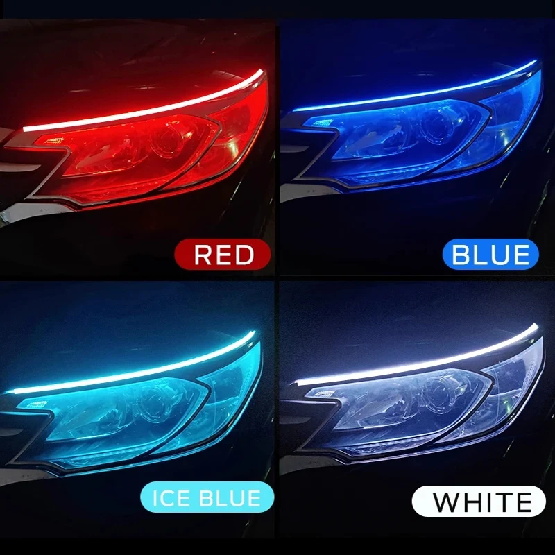 Luz de circulación Diurna LED DRL para coche, tira Flexible impermeable, faros automáticos, señal de giro blanca, luces de flujo de freno amarillas, 12V