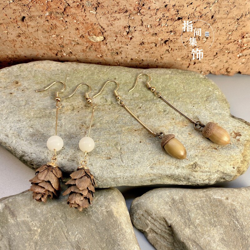 Nature Inspired Natural Acorn &amp; Pinecone Dangled Earrings Oak Tree Handmade Woodland Jewellery Autumn Botanical Earrings