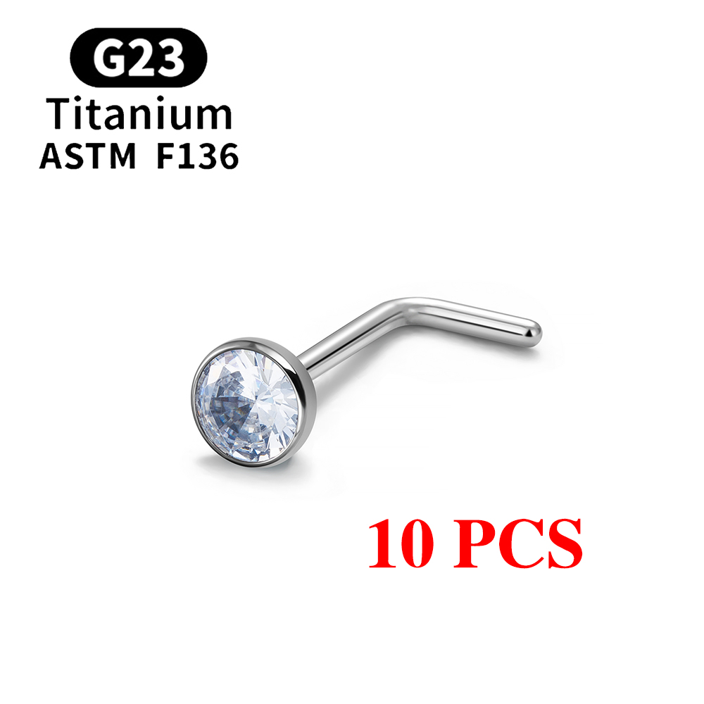 1/10 Uds ASTM F136 G23 Piercing de titanio para la nariz 20G tachuelas para la nariz en forma de L con circonita 2-3mm anillos para la nariz joyería para Piercing de la nariz: Blanco / Pistola negra plateada