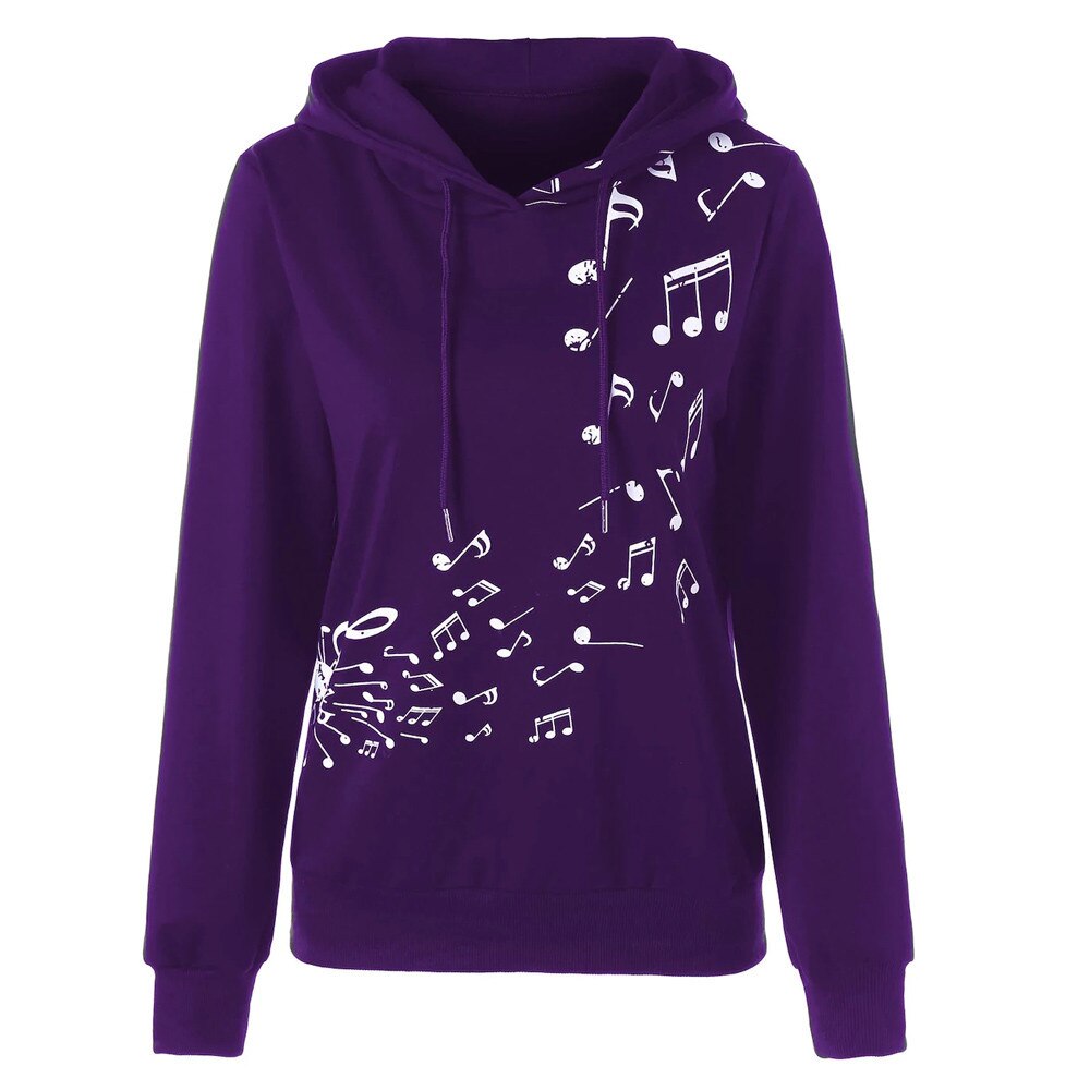 Women's Loose Hoodies Long Sleeve Sweatshirt Musical Note Printing Hoodie Pullover Winter Warm Sport Casual Sweater Tops: M / Purple