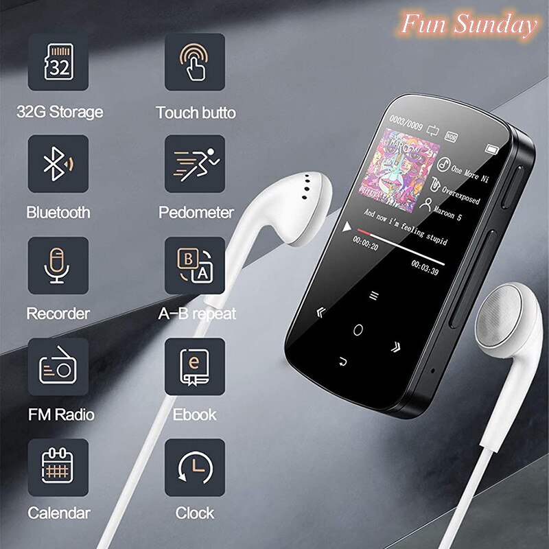 Reproductor MP3 de 32GB con Clip y Bluetooth, Mini dispositivo deportivo con pantalla táctil portátil con podómetro, Radio FM, auricular grabador de voz