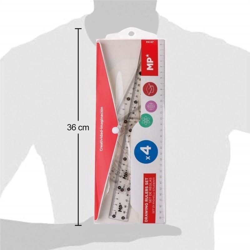MP® Set de Reglas 4 pzs Escuadra Cartabón Transbordador de Ángulos Dibujo Herramienta Medición Suministros Accesorios Universal Carpintería Papelería Material Escolar Oficina Precisión Transparente Plástico Multiusos