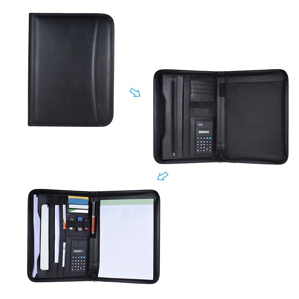 Multifunctional Business Zippered Portfolio Padfolio Folder Document Case Organizer A4 PU Leather