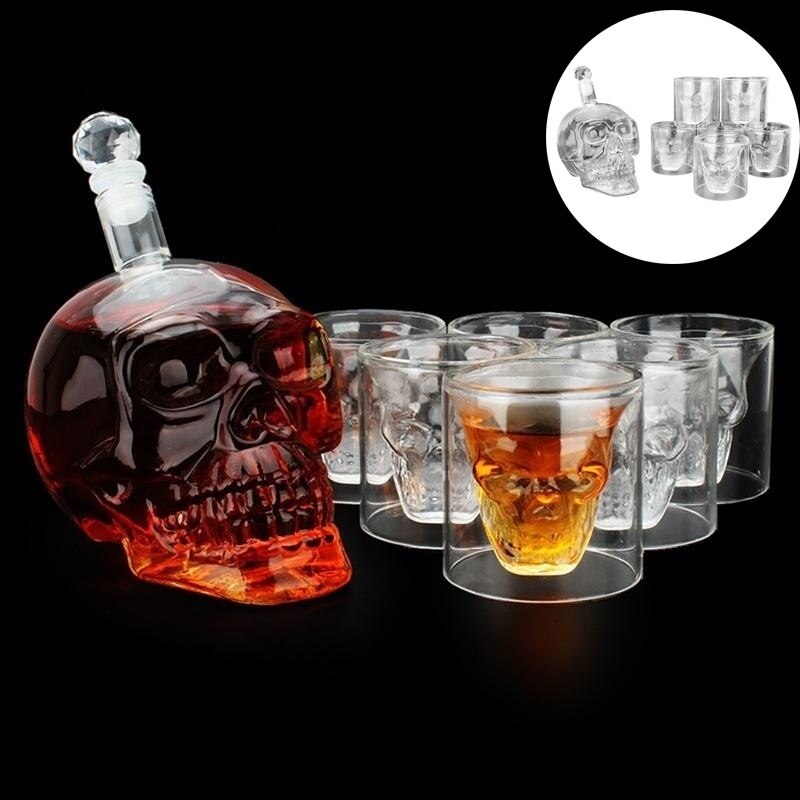 7 pièces/ensemble carafe de visage de crâne en verre avec 6 verres de tir de crâne de 75ml pour le whisky, la Vodka, la bière ou le vin: Default Title