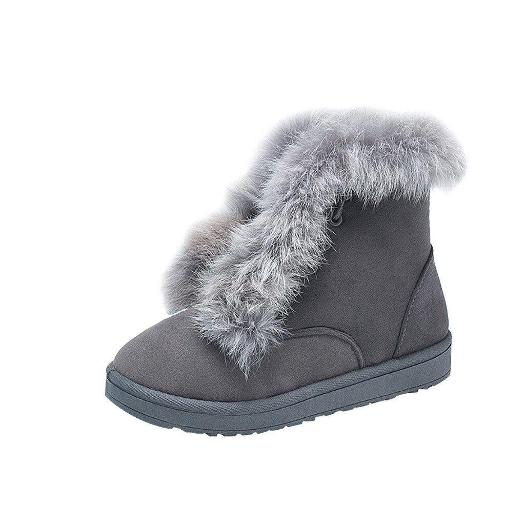 Oreilles de lapin femmes bottes de neige daim bout rond à lacets bottes chaudes avec peluche à l'intérieur tourner bord chaussures de pain d'hiver: Gris / 35