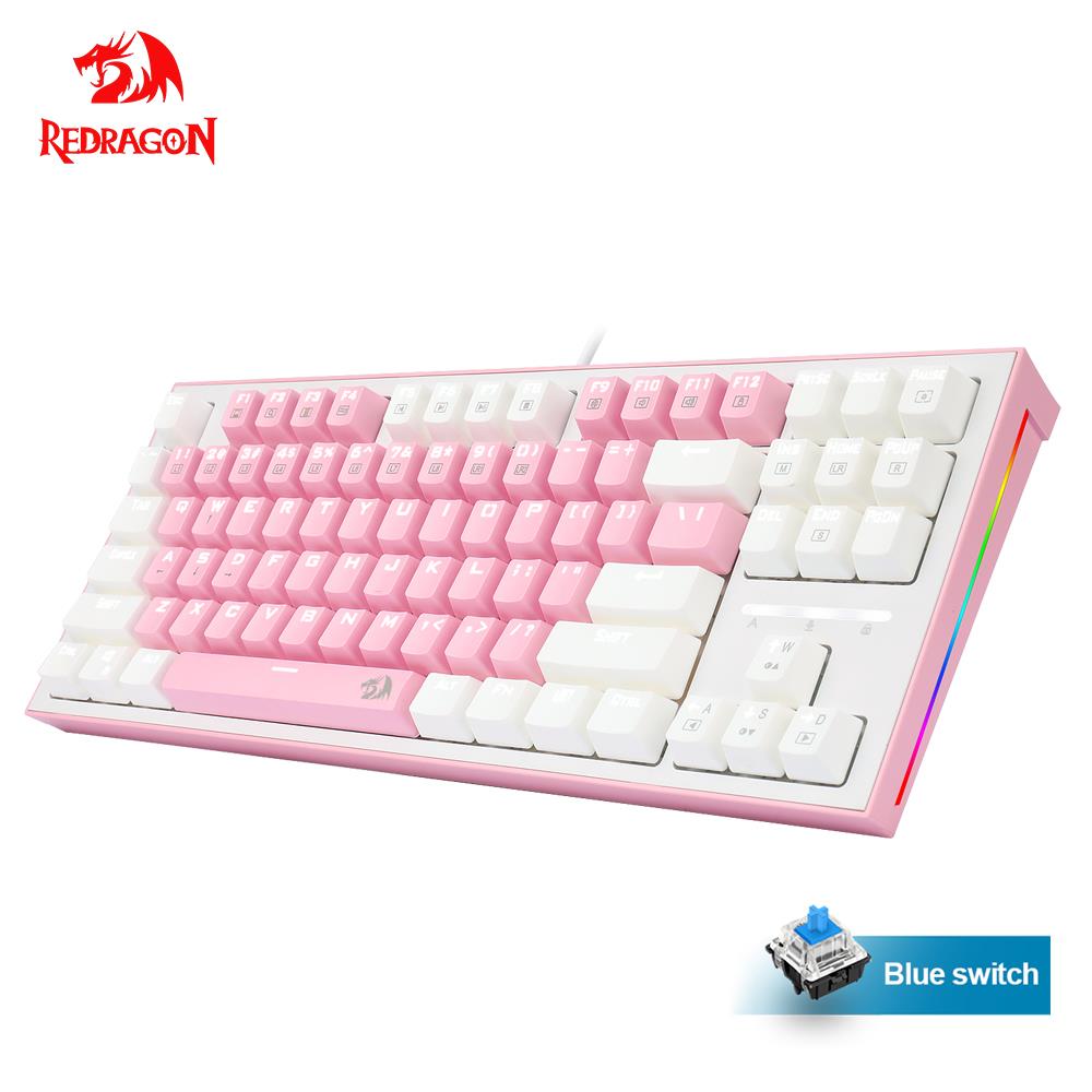 REDRAGON BES K611 USB Pink White Mechanical Gaming Keyboard Blue Switch Led Backlit 87 Keys Computer PC Gamer