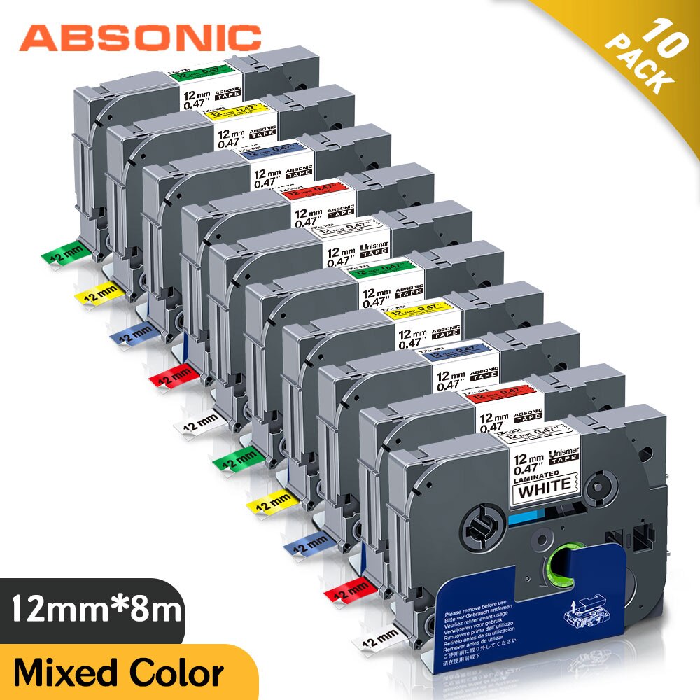 Absonic 10PCS 12mm for Brother tze-631 tze 631 tze631 Laminated Label Tape Tze 231 Tze-231 Use for Brother P touch Label Maker: 10PK Mixed Color