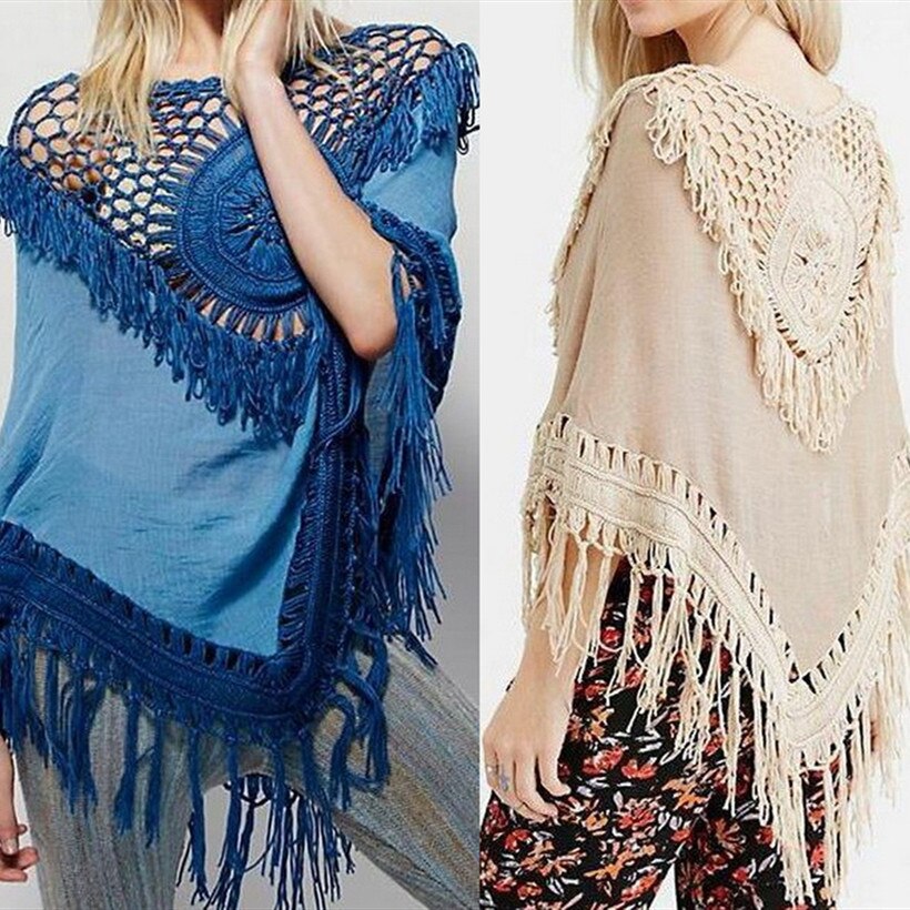 verano Mujer Crochet hecho a mano borla manto con flecos cabo playa blusa suelta Hollow de Bikini Cover Up Suelto