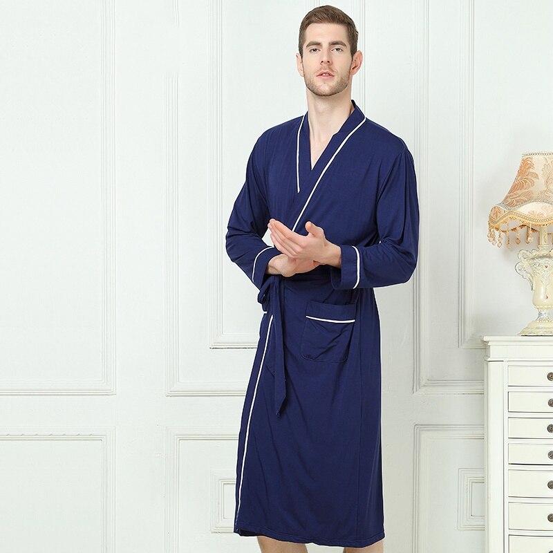 Bamboo Fiber Men Bathrobe Stain Robe Man's Sleepwear Soft Nightgown for Male Pajamas Gown Lounge Wear Nature Bamboo Summer: Blue / L(160-170cm)
