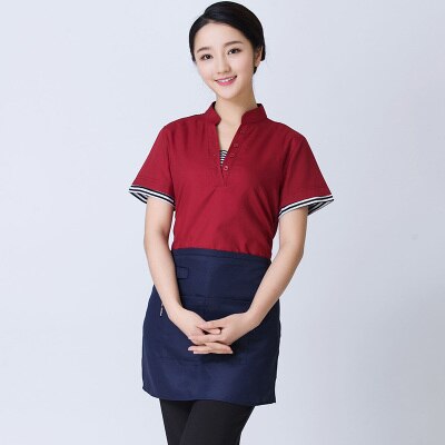 Western Restaurant Work Uniform Coffee House Waiter Short Sleeve Workwear Beer Bar Waitress Clothing Cheap Uniform And Apron Set: women red / L
