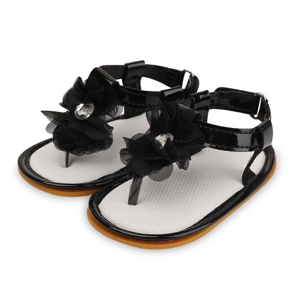 Sandales d'été pour bébés filles, chaussures en caoutchouc PU, semelle souple, bande de fleurs, parc, ramper, premiers pas, mignonnes: Black / 7-12 mois