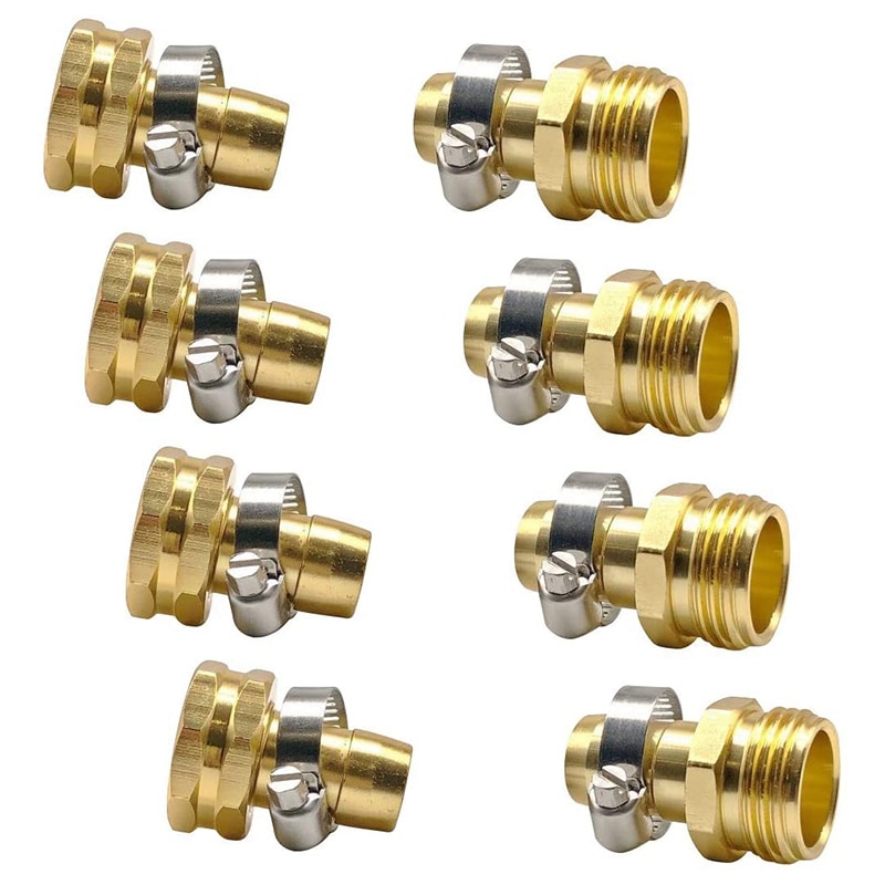 4 Sets Brass 3/4 inch Garden Hose Mender End Repair Male Female Connectors with Clamp