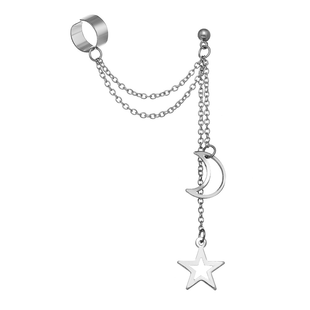 Pendientes con cadena Punk para mujer, Clip de oreja, borla larga, cono puntiagudo, sin agujero para la oreja, E7149: Rodio plateado