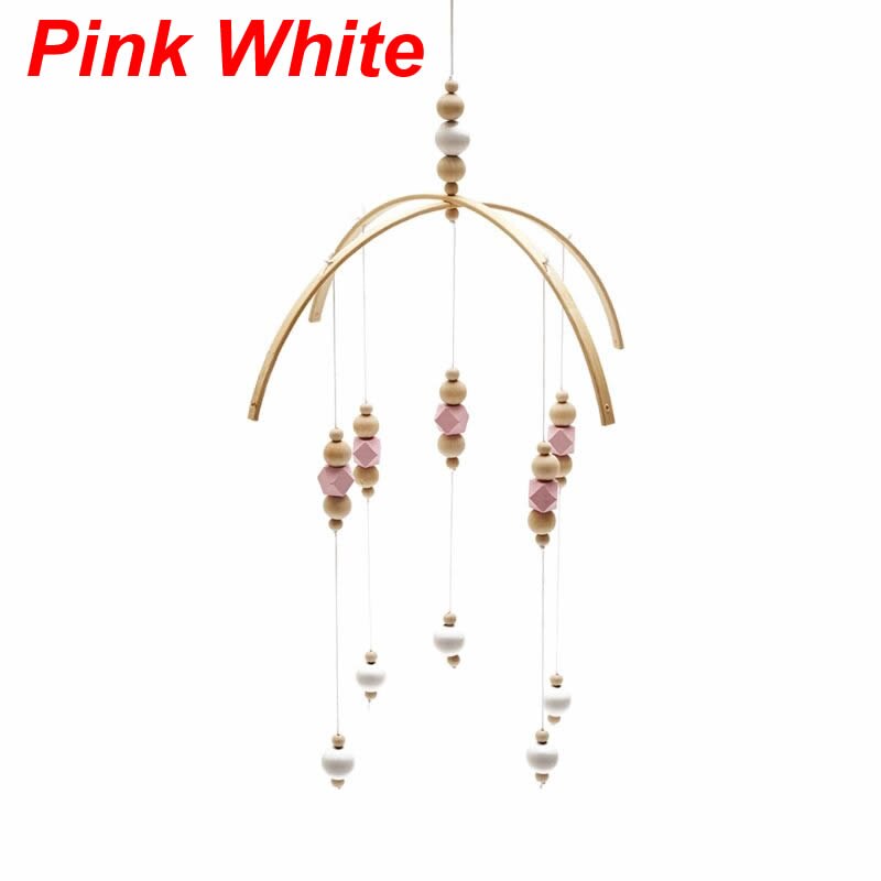 Nordic Baby Rattle Toys Wooden Beads Crib Wind Chimes Newborn Bed Hanging Toy: Pink White