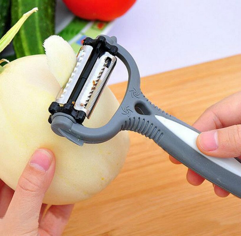 Multifuncional 360 grados Papa giratorio pelador cortador de verduras fruta melón cepillador rallador, utensilios de cocina con 3 cuchillas