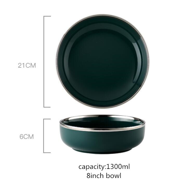 Zilveren rand retro nordic light luxe keramisch servies donkergroen servies serie hotel servies set westerse gerechten 1pc: 8 inch kom