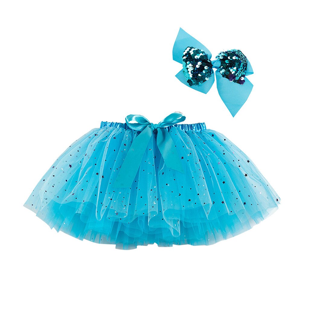 Kids Meisjes Mini Rok Party Dance Ballet Kostuum Splice Star Sequin Tule Rok + Strik Haarspeld Set Baby Kleding мини Юбка: Blue  / 2-4T