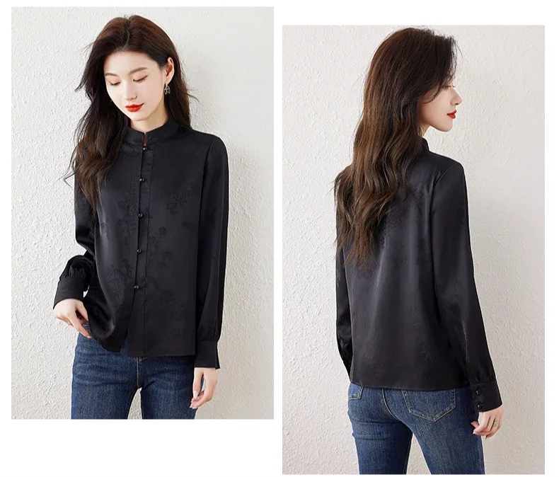 Satin Chinese Style Women's Shirt Spring/Summer Print Clothing Sales Loose Long Sleeves Korean Tops O-neck Vintage Women Blouses