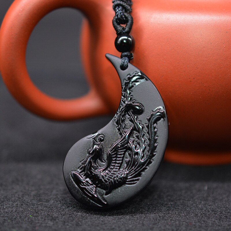 2Pcs Obsidiaan Carving Taichi Draak En Phoenix Hanger Ketting Voor Vrouwen Mannen Retro Lucky Amulet Paar Statement Sieraden