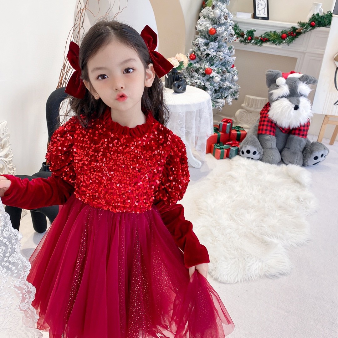 Tongbao-vestido de terciopelo y zorro plateado para niña, vestido de princesa de terciopelo con lentejuelas, para otoño e invierno, Año , Navidad y Año ,