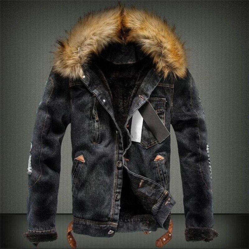 Mens Jacket with Denim Jacket Fur Collar Retro Jeans Jacket and Coat for Autumn Winter: Black / L