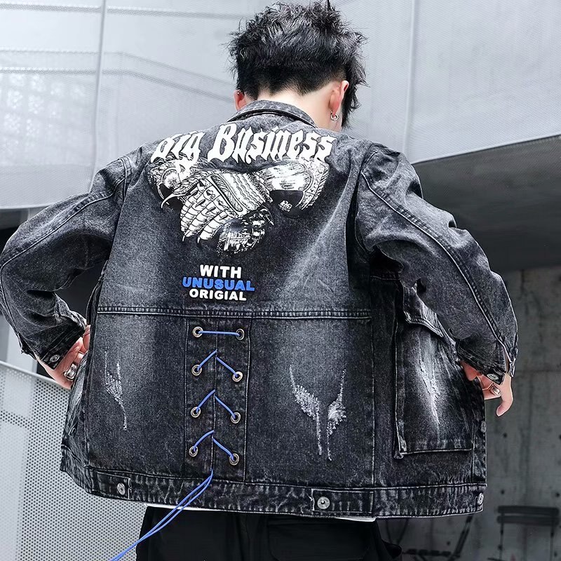 "man jakke vintage retro stil hip hop denim jakke hul streetwear jakker knap man jakke lomme man tøj": 02 / Xxxl