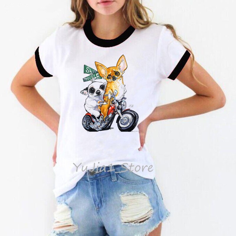 Chihuahua Rijden Op Een Motorfiets Bedrukt Grappige T-Shirts Vrouwen Wit Vintage T-Shirt Femme Esthetische Kleding Hondenliefhebber Zomer Top