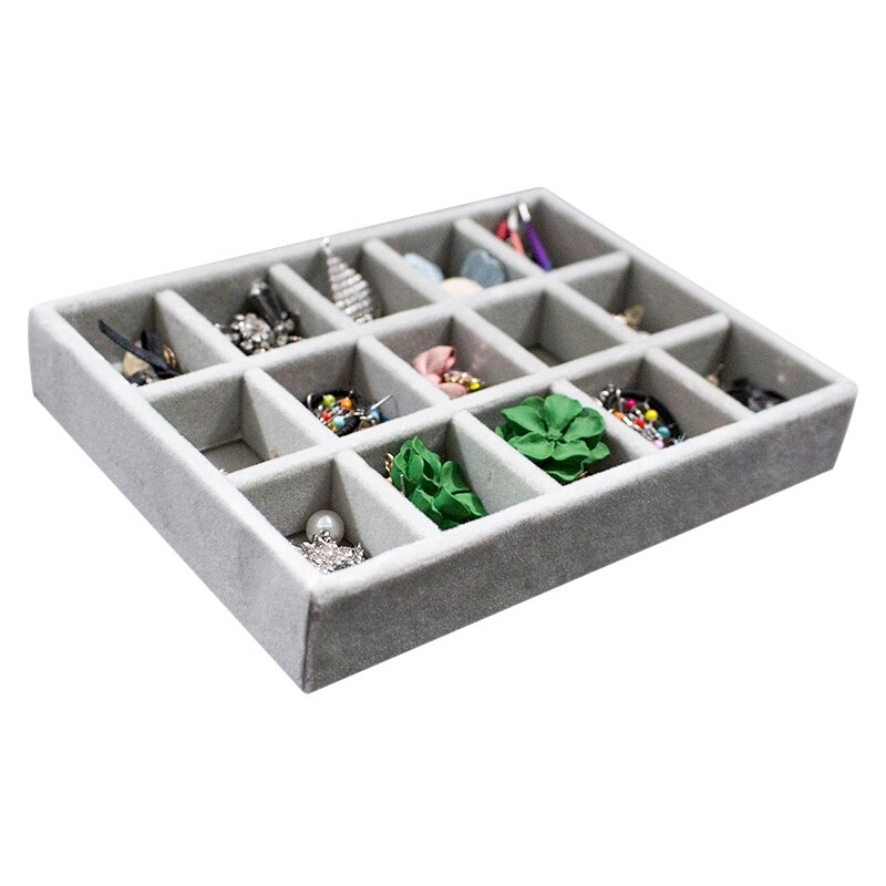 Velvet Jewelry Ring Display Organizer Case Tray Holder Necklace Earrings Bangle Storage Box Showcase Jewelry Stand Holder: 15 Grids Plate