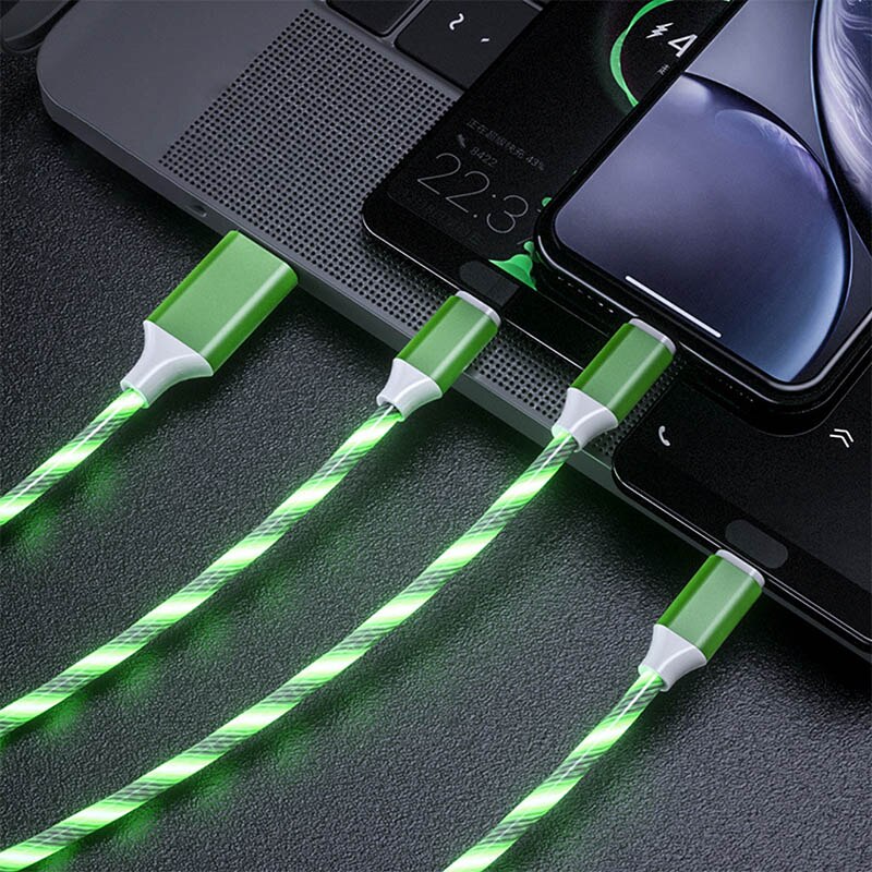 3in1 LED Flow Luminous Lighting Cable Micro USB Type C Charger Cable for iPhone Huawei Samsung Data Wire USB C Phone Micro Kable: Green