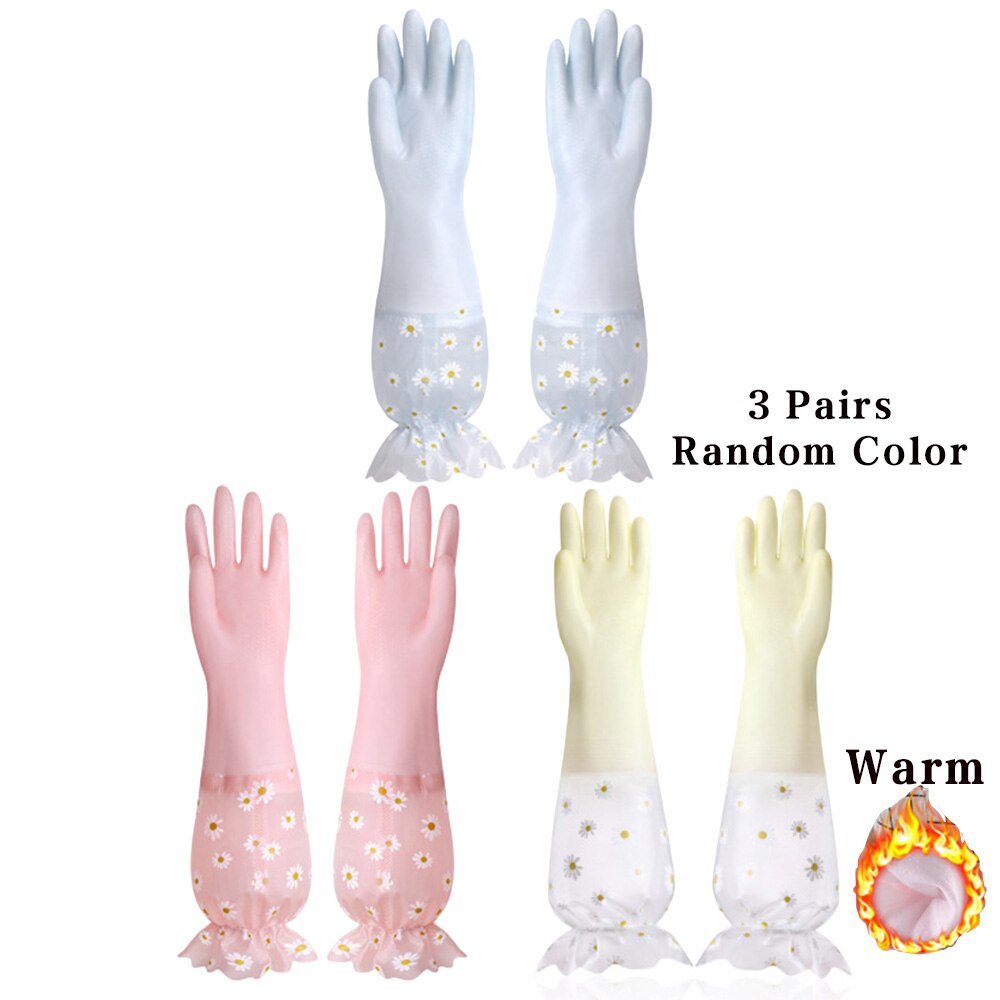 Daisy Dishwashing Clean Long Sleeve Gloves For Kitchen Dishes Clothes Cleaning Toliet Bathroom Housework Gloves: Thickened 3 Pair / L