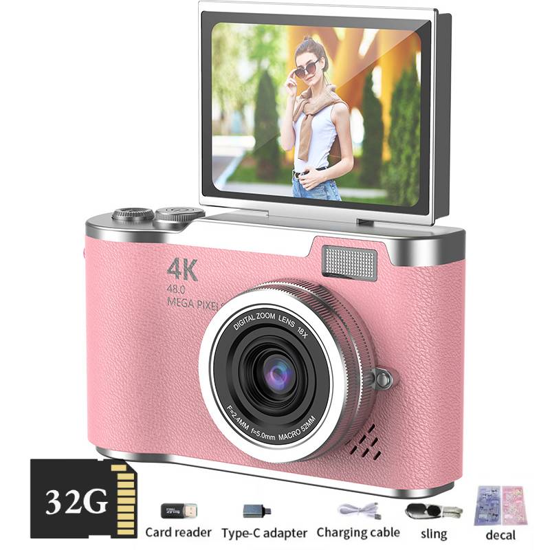 4K Digital Camera CCD 180° Flip Screen Selfie Camera 8X Digital Zoom 48MP Portable Digital Photography Camera with 32G Card: GRAY