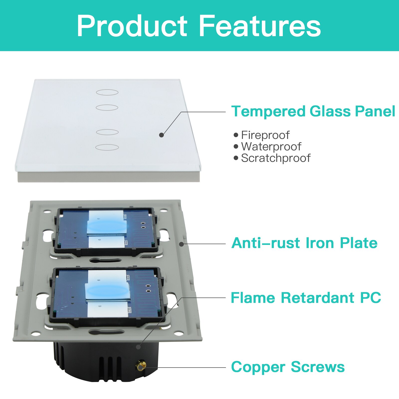 Bseed Mvava 4 Gang Button Touch Switch 157mm Electrical Light Crystal Class Panel Switch White Black Grey Gold Home Improvement