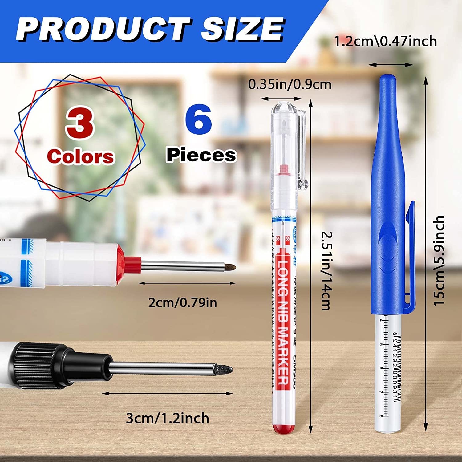 6 pcs Deep Hole Marker Pens Deep Drill Hole Long Nib Marker Pens Carpenter Pen for Bathroom Woodworking, Red Black Blue