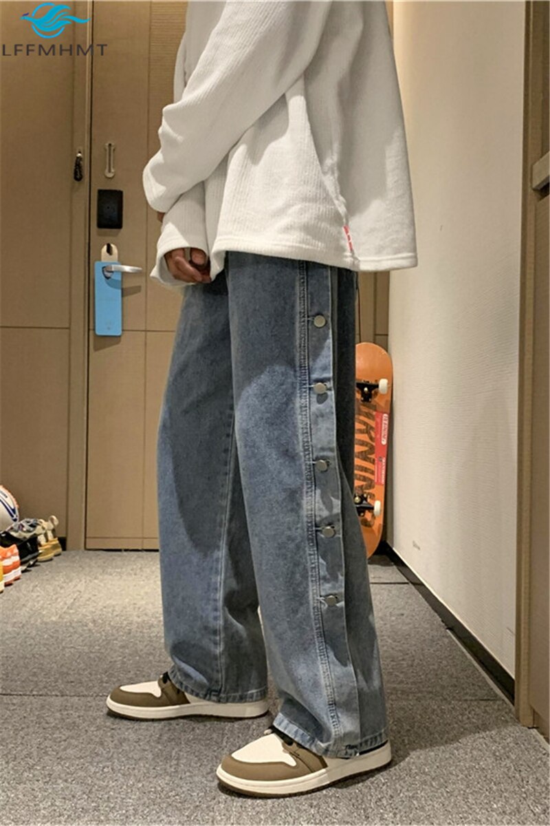 Winter Casual Joker Button Fly Jeans Loose Wide Leg Straight Denim Harajuku Trendy Cool Men Pants