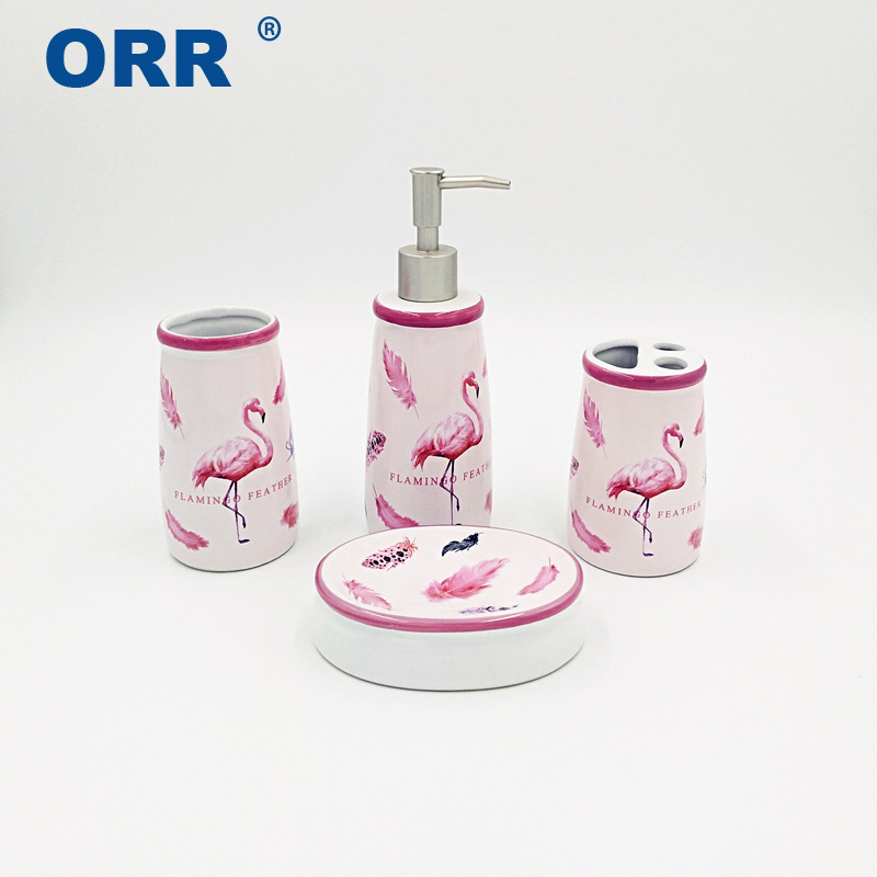 Ceramic Bathroom set Flamingo accessories 4pcs toilet brush toothbrush cup soap dish dispenser ORR
