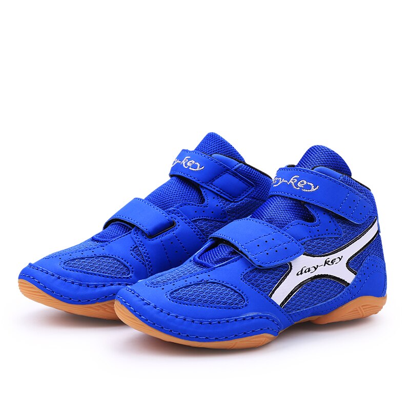 Zapatos de lucha para niños y niñas, zapatillas de entrenamiento, suela de músculo de vaca, botas deportivas, zapatillas profesionales de boxeo: Azul / 4,5