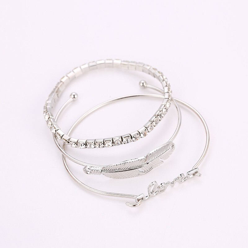 3 Pçs/set Pena Projeto Amor Rodada Cristal Gem Multilayer Ajustável Aberto Pulseira Definir a Forma Das Mulheres Jóias Presente Do Partido