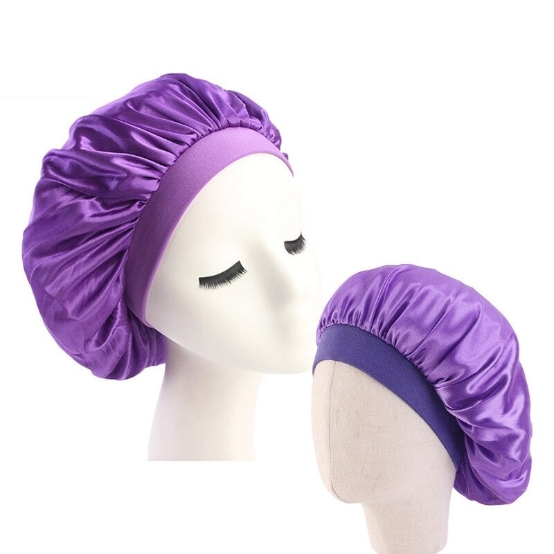 Hårpleiehette foreldre-barn elastisk polyester bred kant nattsøvn lue silke kuppel familie for panser sateng damer: Lilla