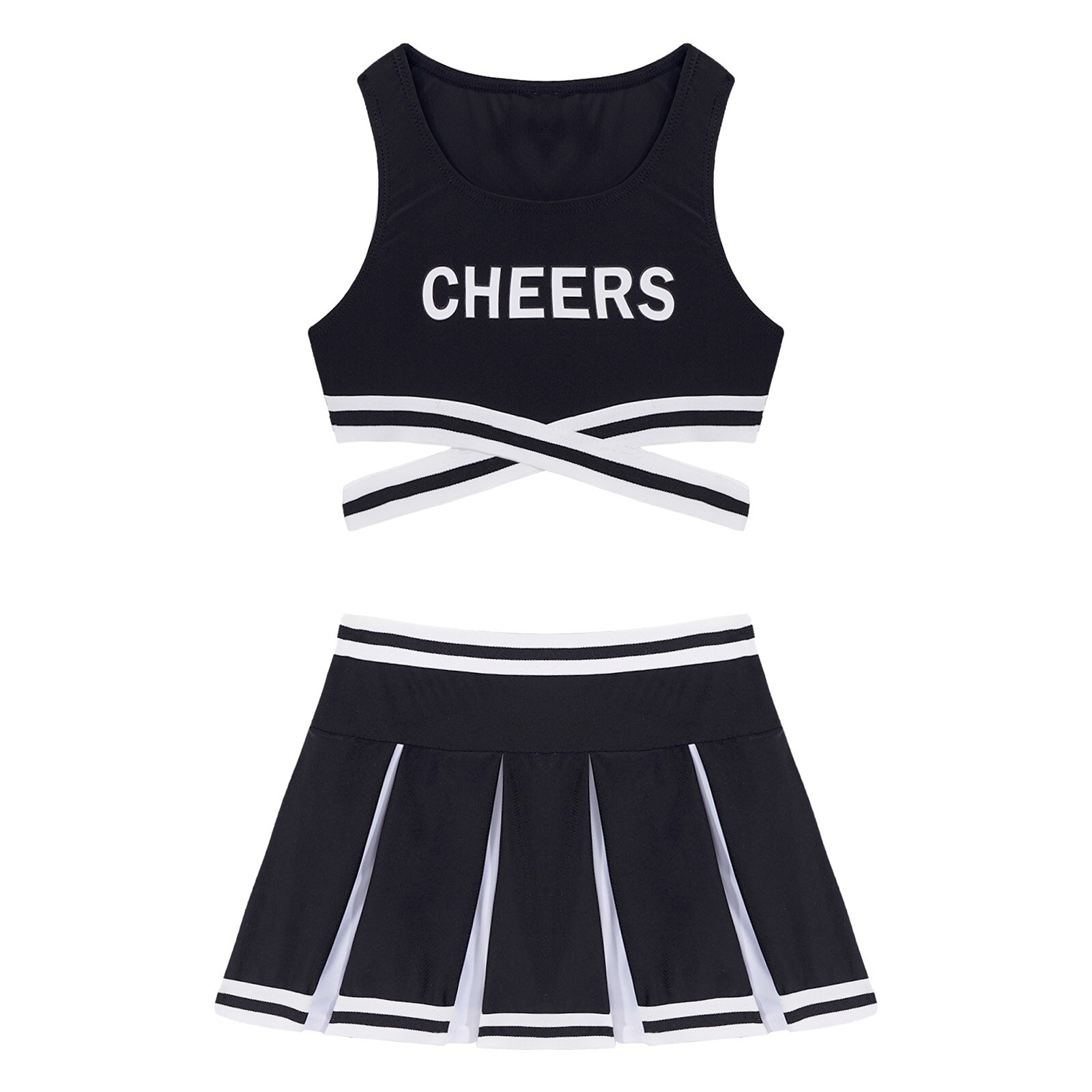 2Pcs Kids Girls Cheerleader Uniform Cheerleading Dance Outfit Sleeveless Cheers Print Crisscross Sash Vest and Pleated Skirt Set: Black / 14