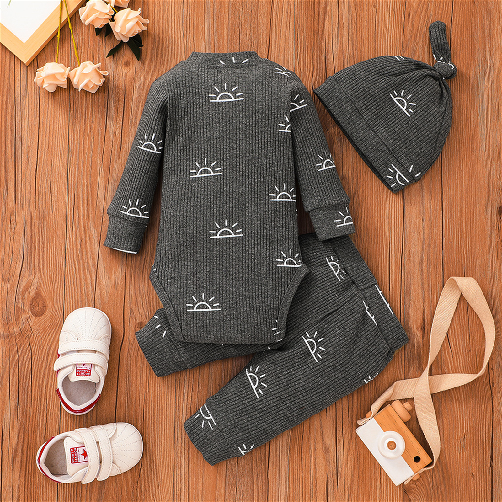 PatPat 3-piece Baby Boy Sun Print Button Ribbed Long-sleeve Romper, Elasticized Pants and Cap Set