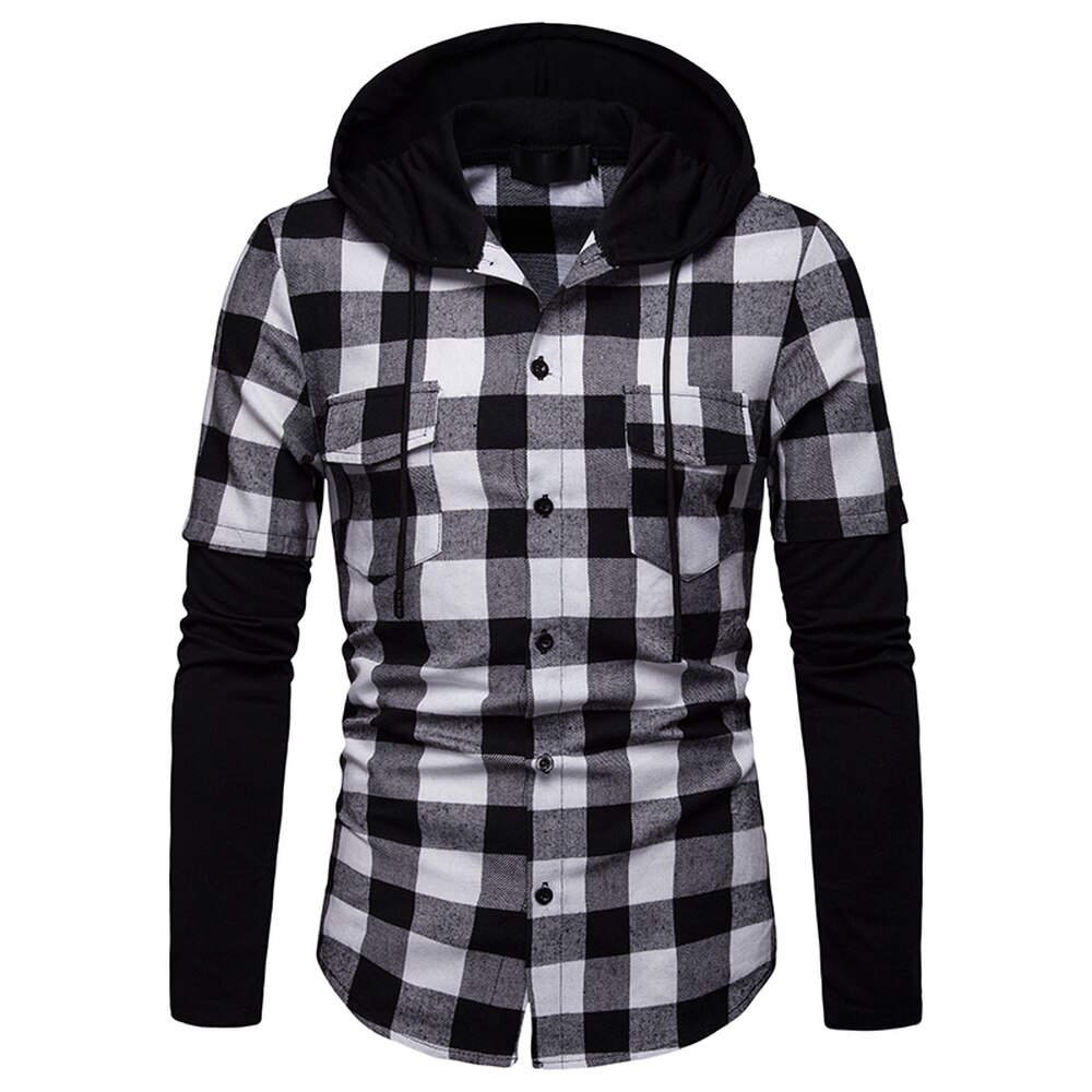 Mænds casual slim fit skjorte plaid hætte med to lommer langærmet top skovhugger ternet skjorte jack tøj 205 #39
