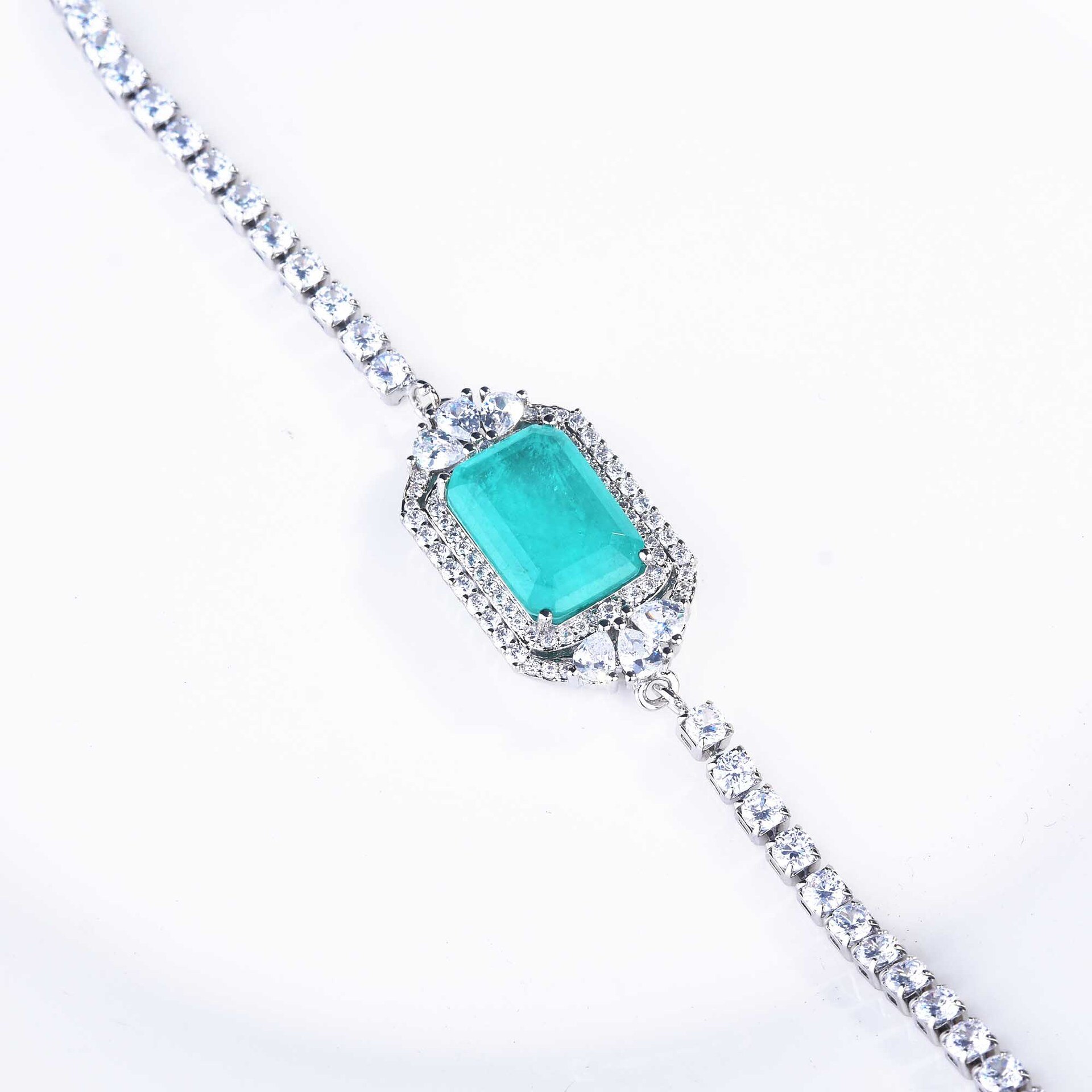 Women's trendy paraiba tourmaline stone charm bracelet, silver color, carbon lab diamond wedding bangle bracelets jewelry
