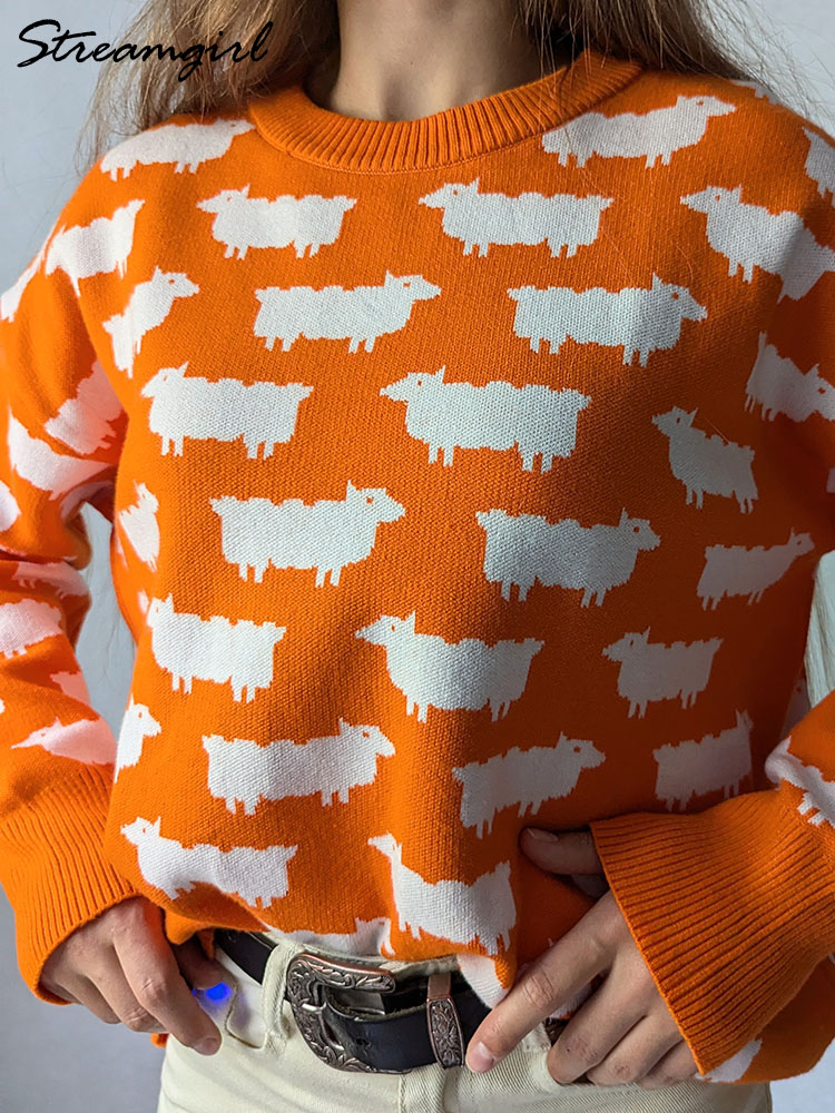 Høstlig søt posete genser med trykk til dame varm o-hals overdimensjonert gensere strikkede røde løse gensere dame grønn genser