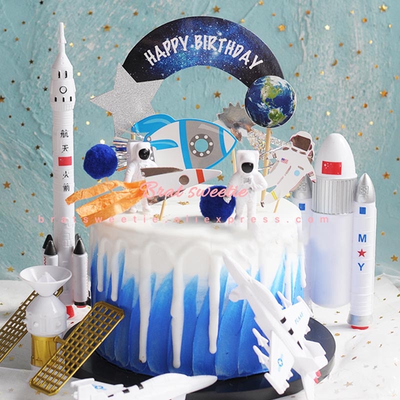 Outer Space Cupcake Toppers Raket Ruimteschip Jongen Thema Verjaardagsfeestje Supplies Taart Decoratieve Outer Space Party Decoraties