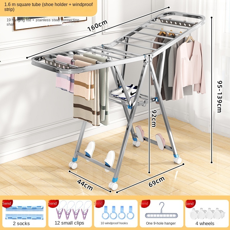 Wielowarstwowy wieszak robić suszenia ubrań ze stali nierdzewnej Składany wieszak na ubrania dla dzieci Wewnętrzny stojak na pranie robić przechowywania pościeli: Brąz