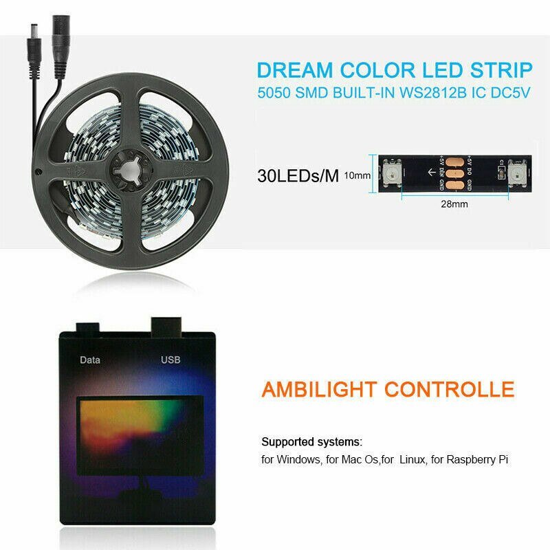 3/5m DIY Ambilight PC Dream Screen USB 30LEDs Strip Kit Computer Monitor Backlight Addressable WS2812B LED Strip