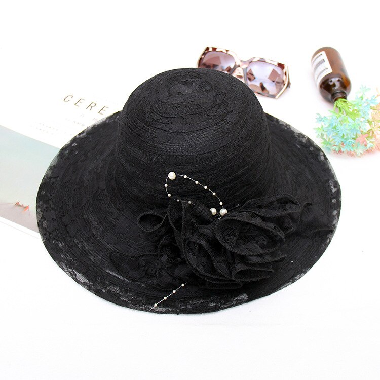 Ladies Women Casual Beach Organza Lace Wide Brim Kentucky Derby Sun Hat Wedding Tea Party Church Cap: Black