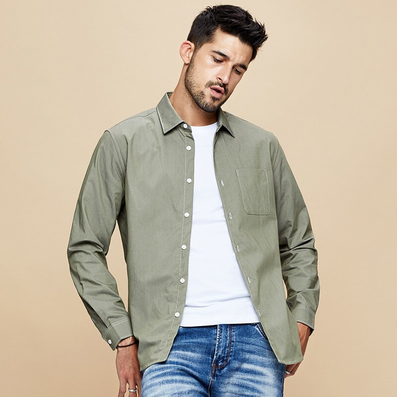 Kuegou vår bomullslomme vanlig hvit skjorte herre kjole knapp casual slim fit langermet mannlig fritidsmerke klær 6838: Grønn / Xxl