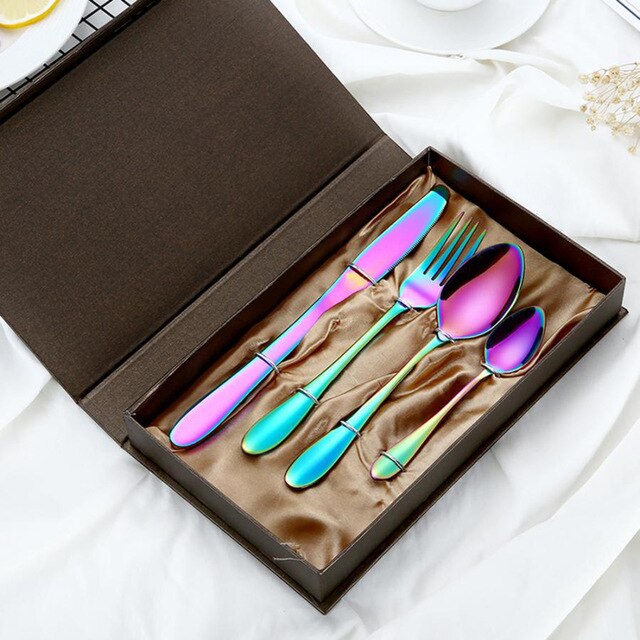 4 st/set färgglada bestick rostfritt stål porslin stek kniv gaffel sked middag västerländsk mat hq regnbåge bestick set: Färg